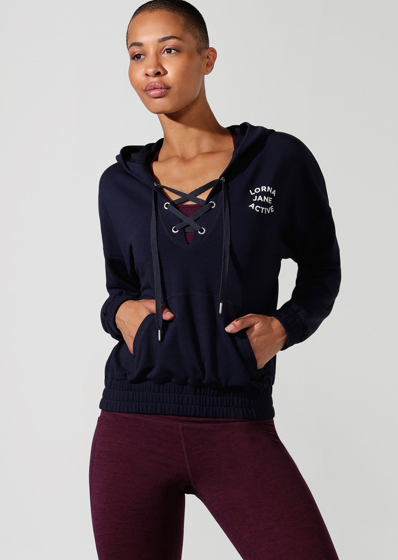 Lace Up Cropped Active Hoodie | French Navy | Lorna Jane AU