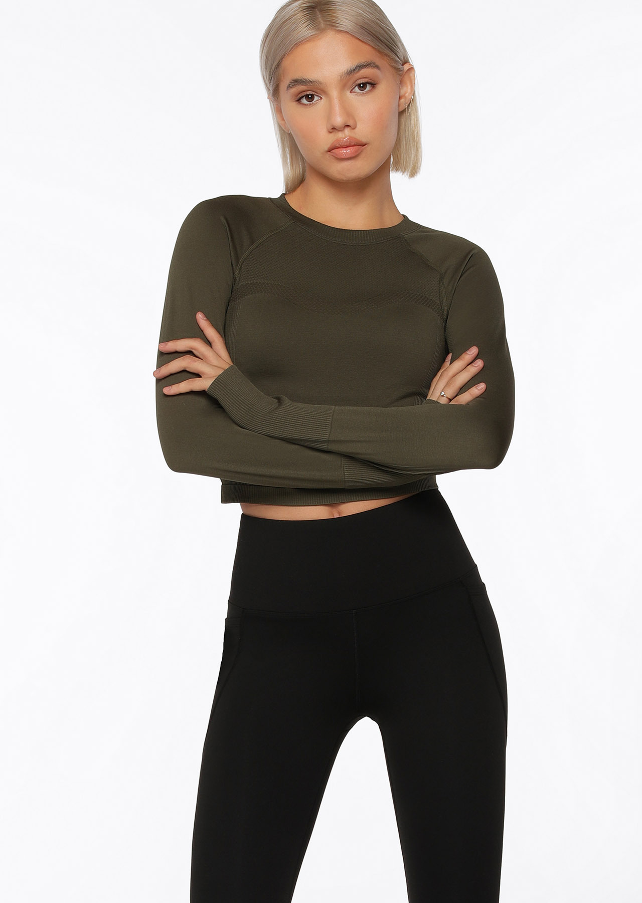 Dynamic Seamless Cropped Long Sleeve Top, Green